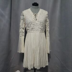 Cream cottagecore, flowy dress, bell sleeves, Gee size medium lace up v-neck